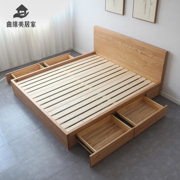 北歐 全實木床紅橡木抽屜儲物床日式 黑胡桃木 高箱氣壓床雙人床qxm7241