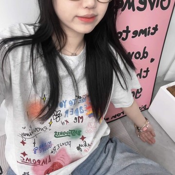 T恤 可愛手繪寬鬆五分袖T恤ODD1117-創翊韓都