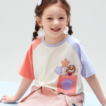 人氣卡通 - 卡通汪汪隊口袋印花圓領短袖上衣-卡通人物天天-米色