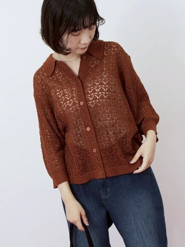 圖案鏤空針織排釦翻領Polo衫(0F001151510) - Samansa Mos2 blue