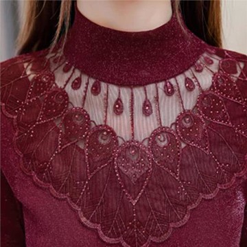 (免運)中高領蕾絲打底衫保暖加厚加絨內搭女士半高領上衣可外穿蕾絲衫冬