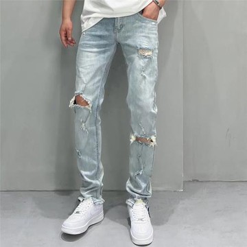 高端牛仔褲男破洞2024夏季新款韓版修身小腳時尚百搭微彈牛仔長褲