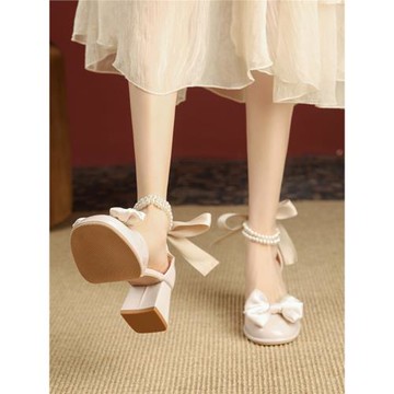 粗跟瑪麗珍鞋法式高跟鞋女仙女風氣質黑色中跟配裙子蝴蝶結涼鞋