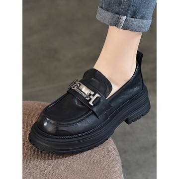 厚底樂福鞋女大頭2025新款春季懶人一腳蹬女鞋真皮黑色小皮鞋單鞋