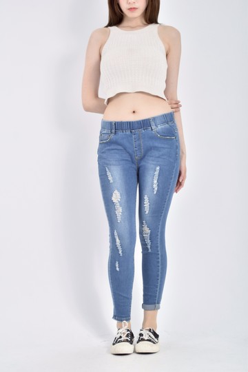 加購優惠(L) i jeans質感丹寧牛仔棉質鬆緊腰刷破藍色長褲