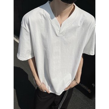 黑色重磅索羅娜t恤男款夏季cleanfit亨利V領短袖美式高街正肩半袖