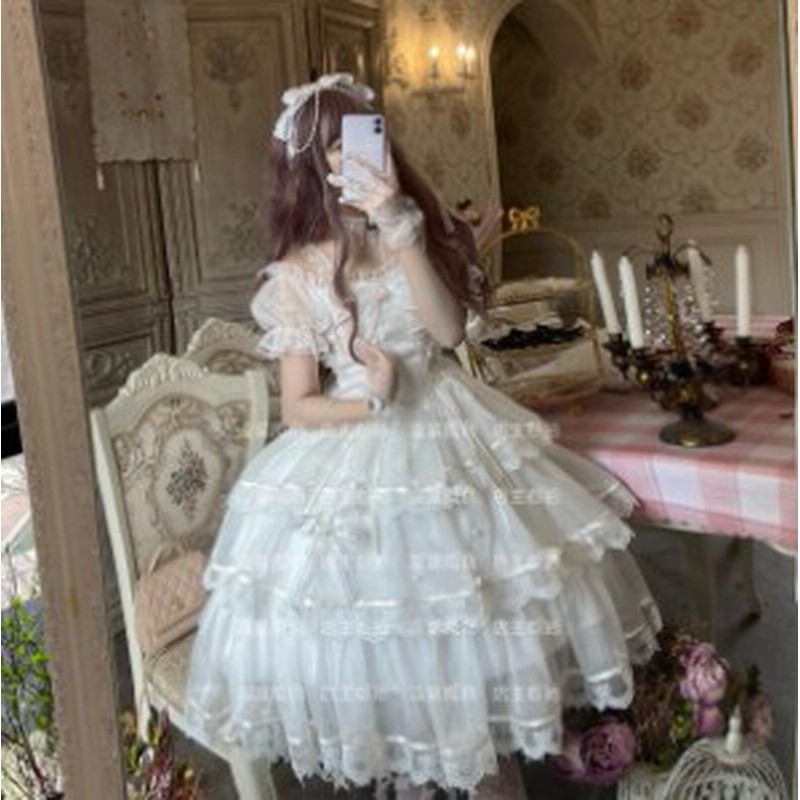 白仙气花嫁春夏ワンカラーゴスロリワンピース ドレス ロリィタ Op膝丈 Lolita ロリータ コスプレ エプロン 日常洋服リボン3段ゴージャス 通販 Lineポイント最大1 0 Get Lineショッピング