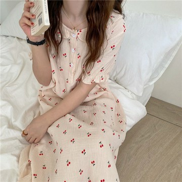 超舒服☁️棉紗睡裙 女韓版ins夏季短袖睡裙 甜美短袖花邊寬鬆家居服 可外穿長款裙 睡衣裙 居家服 睡裙