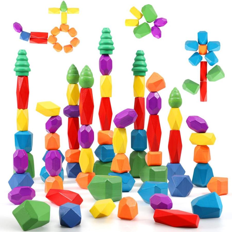 44PCS Sensory Toddler Wooden Stacking Rocks Toys for Boys Girls Ages Y