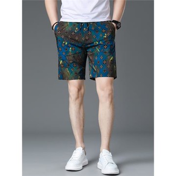 歐洲站男式冰絲短褲2024夏季新款百搭休閑褲印花沙灘褲寬松五分褲