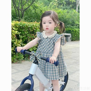 🍭臺灣出貨🍭女寶寶夏裝裙子格紋娃娃領夏季款套裝梭織棉小童公主裙女童連衣裙 女童洋裝 女寶洋裝 女童連身裙 女童公主裙