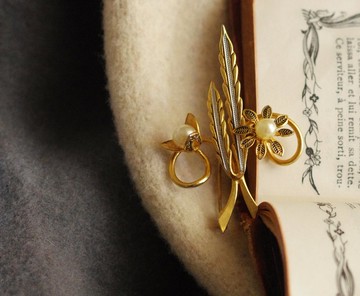 古董黑金藝術西班牙大馬士革仿珠葉片別針胸針B2259