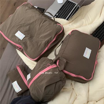 整整齊齊！四件套~旅行收納袋內衣鞋子 咖粉尼龍行李箱衣服分類包