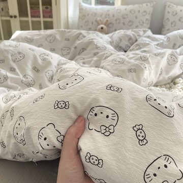 🐾可開發票🐾夏季被套 薄被套 透氣被套韓系素描小貓水洗棉慵懶風家用四件套單被套牀單學生宿舍三件套