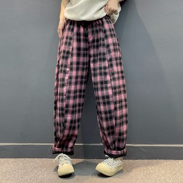 松緊腰抽繩刷絨格紋長褲996902