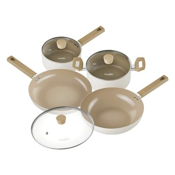 Casabeni 克雷梅拉電磁爐適用陶瓷鍋具5件組  1組  白色 + 咖色  單柄鍋 18cm + 雙耳鍋 20cm + 平底鍋 28cm + 深炒鍋 28cm + 玻璃鍋蓋 28cm