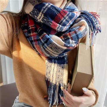 保暖女秋冬季加厚百搭格子線條圍巾圍脖可愛少女披肩外搭潮
