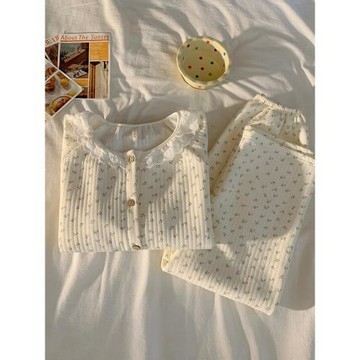 空氣夾層睡衣女款秋冬季甜美蕾絲圓領碎花加厚保暖夾棉家居服套裝