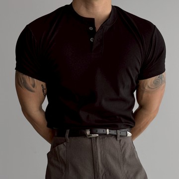 正韓肌肉款彈力亨利領兩粒扣短袖T恤 6色 YUPPIE 預購商品 0310