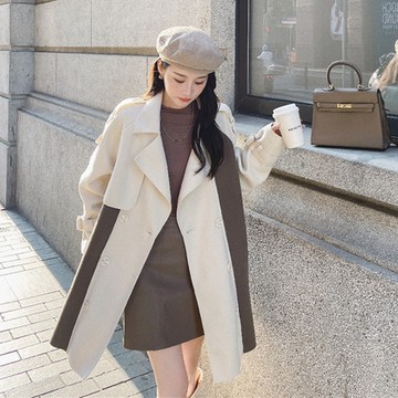 [米蘭精品] 風衣外套毛呢大衣-拼色翻領雙排扣中長款女外套74dk10