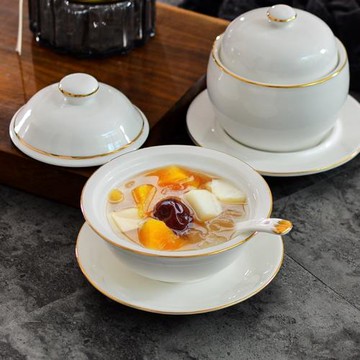 陶祥匯新款酒店位上金邊餐具隔水燉盅碗陶瓷帶蓋燕窩甜品魚翅湯盅