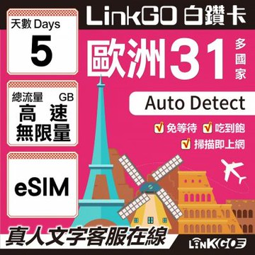 LINKGO白鑽卡 歐洲31國 eSIM卡 5天上網卡 高速不限流量吃到飽(歐洲網卡 西班牙 德國 奧地利 英國)