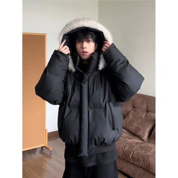 黑色短款毛領羽絨服男冬季加厚保暖工裝棉衣外套連帽情侶派克棉服