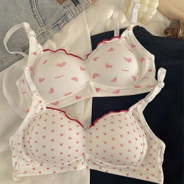 甜美愛心波點內衣 無痕內衣 撞色邊 學生內衣女 小胸聚攏 三角杯內衣 豎螺紋內衣 舒適透氣 收副乳文胸