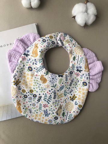 粉紫色兔兔花園  飛飛袖圍兜兜 嬰兒手作 新生兒禮