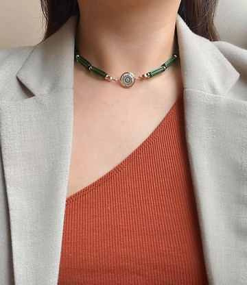 翡翠綠玻璃珠惡魔之眼吊墜串珠項鍊 | 禮物 贈情人節包裝 卡片