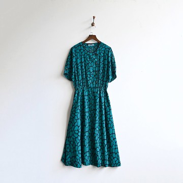 【蛋植物古著】湖水波紋印花短袖古著洋裝