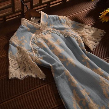 藍色鏤空蕾絲年輕款少女高端氣質改良旗袍連衣裙2025年新款夏女春