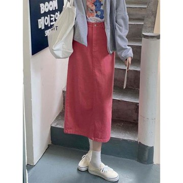 松緊腰牛仔裙半身裙女胖mm高腰遮跨a字裙大碼顯瘦粉色開叉中長裙
