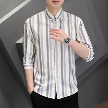 條紋七分袖襯衫男士夏季薄款高級感休閑中袖襯衣潮牌冰絲夏裝上衣