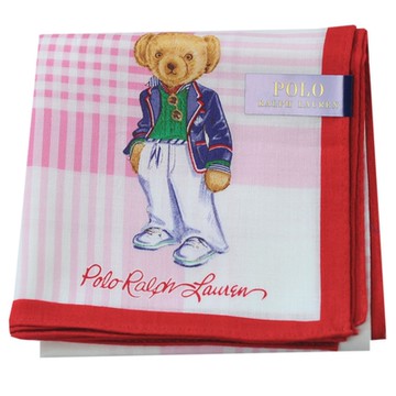 RALPH LAUREN POLO 品牌西裝小熊LOGO字母圖騰格紋帕領巾(粉紅格/紅邊/48CM)