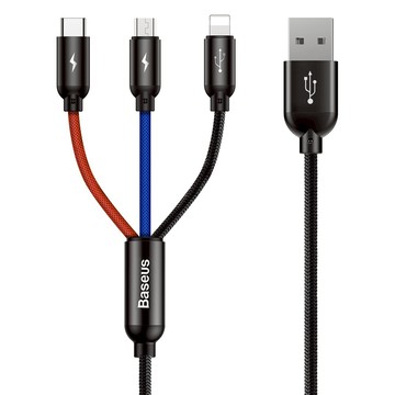 Baseus 倍思 USB to Micro-USB + Lightning + Type-C 3.5A 三原色 1進3出充電傳輸線  黑色  1條  30cm
