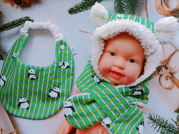 津Handmade Hello panda 彌月寶寶禮盒/貓熊印花/暖暖圍巾帽/圍兜