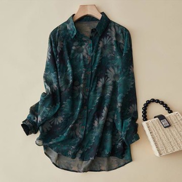 中年媽媽夏季薄款印花襯衫2026新款爆款大碼胖mm遮肚子顯瘦上衣女