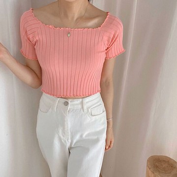 ANNAS 正韓 露鎖骨 坑條 T 木耳邊 上衣 一字領 露肩 短版 貼身 性感 氣質 百搭 韓國