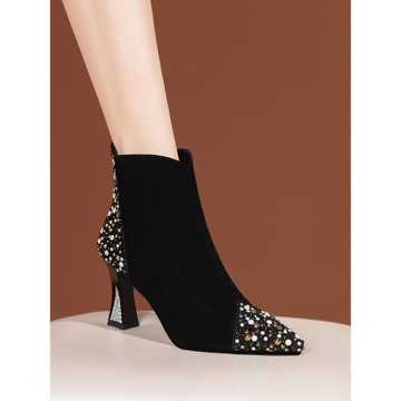 2024新款馬丁靴子女短靴秋冬時尚水鉆加絨黑色磨砂皮高跟百搭女靴