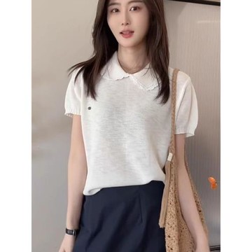(免運)白色娃娃花邊翻領設計感冰絲針織T恤女夏季薄款寬松慵懶短袖上衣