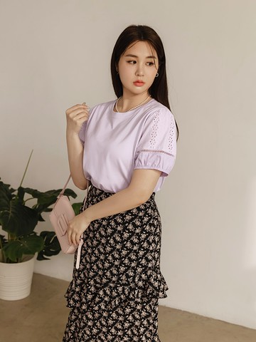 雲朵自訂款-純棉鏤空蕾絲泡泡袖上衣