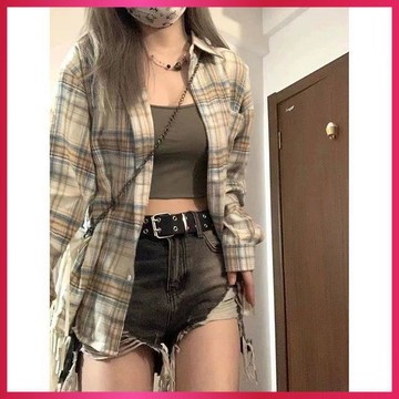 『ATC』秋季薄外套女韓版藏青色格子襯衫設計感長袖上衣女開衫春薄款寬鬆外搭百搭外套