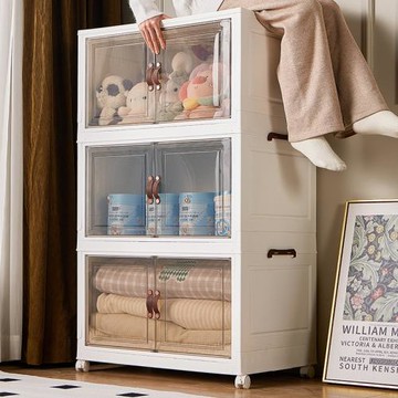 防塵玩具收納箱雙開折疊收納柜透明塑料帶滑輪衣物零食置物儲物柜