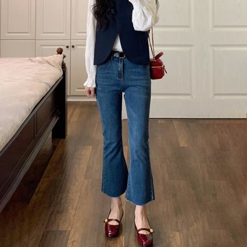 微喇叭牛仔褲女2024年新款春季寬松彈力高腰顯高顯瘦九分喇叭褲子