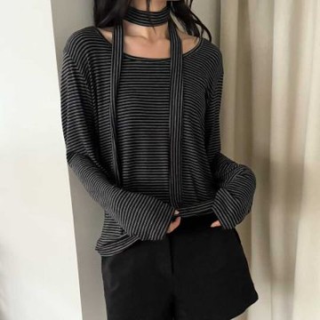 正韓女上衣 索菲領帶長袖T恤TXC1002-創翊韓都