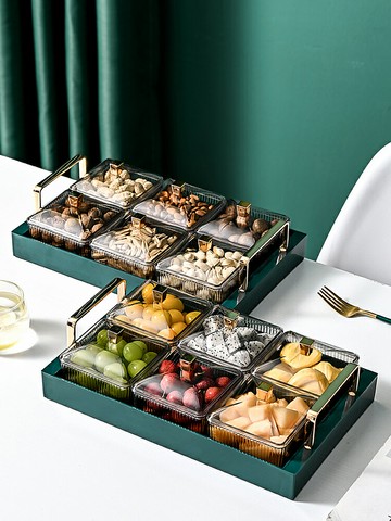 輕奢水果盤帶蓋帶把手家用客廳臥室茶幾零食盤北歐現代分格干果盤