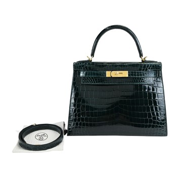 HERMES Kelly 28CM 鱷魚皮革 Z刻 手提/肩背凱莉包(6O松柏綠/金釦)