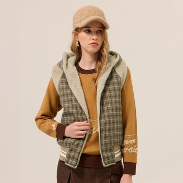 ILEY伊蕾 保暖格紋毛呢兩穿連帽背心(卡其；M-XL)