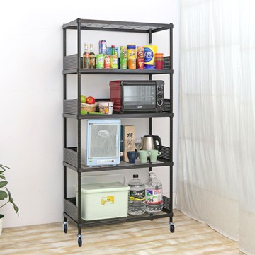 【品樂生活】45X90X186CM 包邊厚鐵框圍籬款五層推車 烤漆霧黑/置物架/波浪架/收納架/鐵力士架